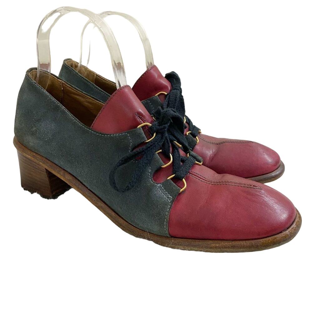 Vintage Gray Suede & Red Leather Lace Up Shoes Block Heel Made in Italy Sz 10AA - Picture 9 of 9